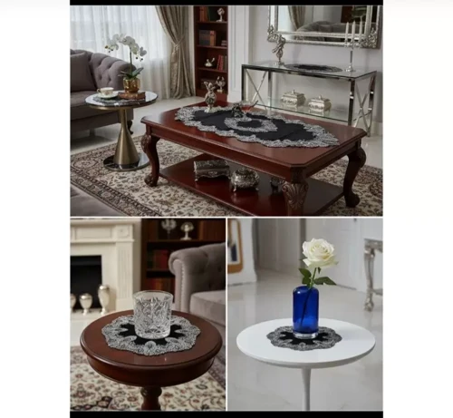 Salon Takımı 5 Parça Velvet Kadife Dantelli Masa Örtüsü Runner Seti Elora Model No 3616- Siyah