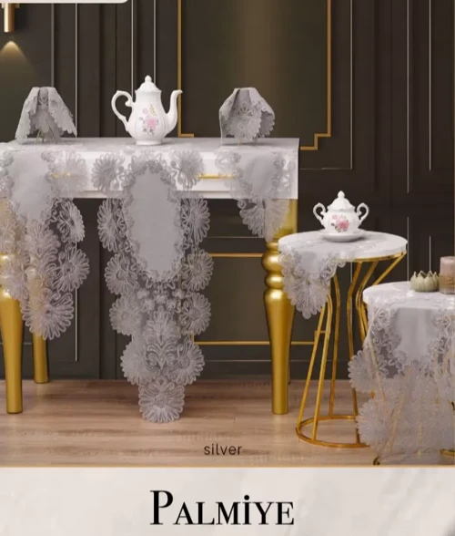 Salon Takımı 7 Parça Keten Masa Örtüsü Runner Seti Çeyizlik Palmiye Model Gri