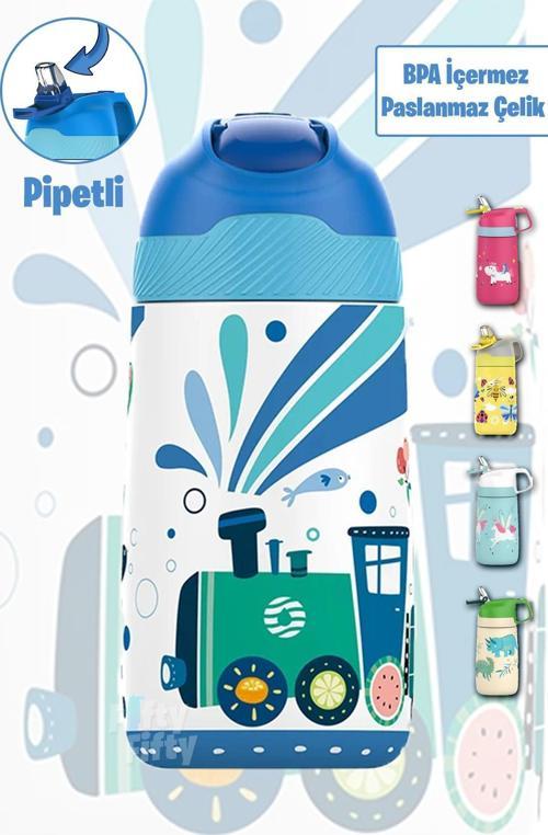 Çocuk 350 ML Pipetli Çelik Matara Paslanmaz Çelik Termos 5 Farklı Renk 2055-350ML