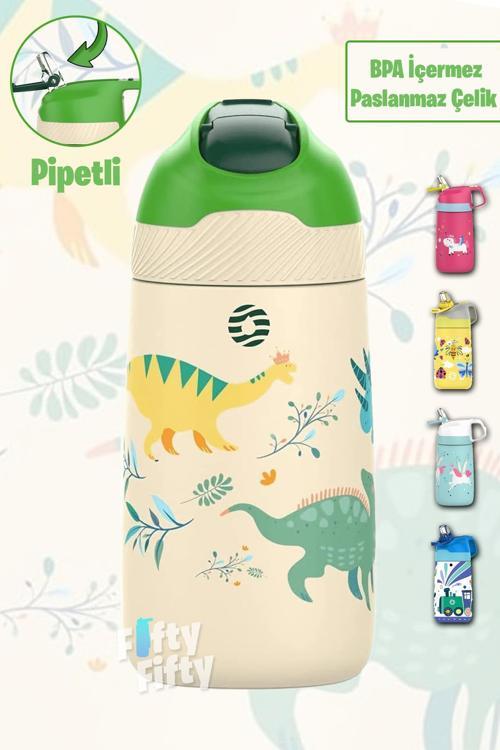 Çocuk 350 ML Pipetli Çelik Matara Paslanmaz Çelik Termos 5 Farklı Renk 2055-350ML