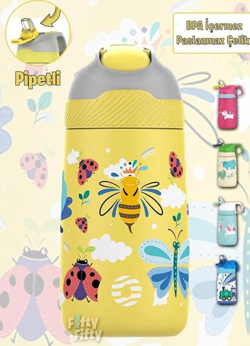 Çocuk 350 ML Pipetli Çelik Matara Paslanmaz Çelik Termos 5 Farklı Renk 2055-350ML