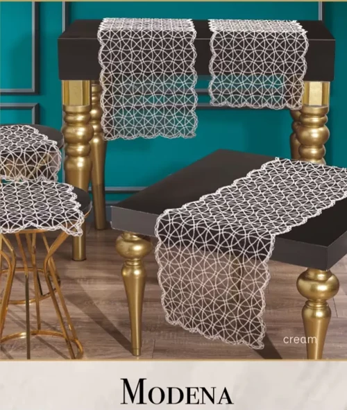 Salon Takımı Modena Model Krem 5 Parça Tül İşlemeli Runner Seti