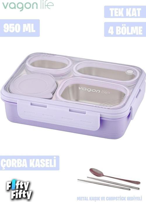 Lunch Box 950 ML Paslanmaz Çelik Tek Kat Dört Bölmeli Çorba Kaseli Metal Kaşıklı-FFLBOX7099