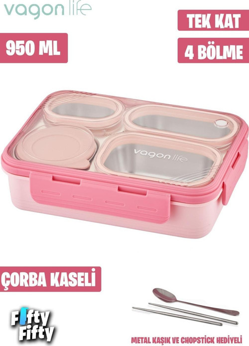 Lunch Box 950 ML Paslanmaz Çelik Tek Kat Dört Bölmeli Çorba Kaseli Metal Kaşıklı-FFLBOX7099