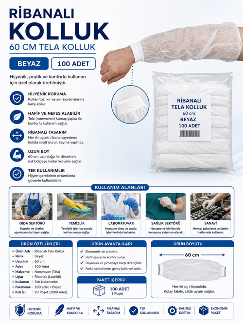 Ribanalı 60 Cm Tela Kolluk Beyaz 100 Adet