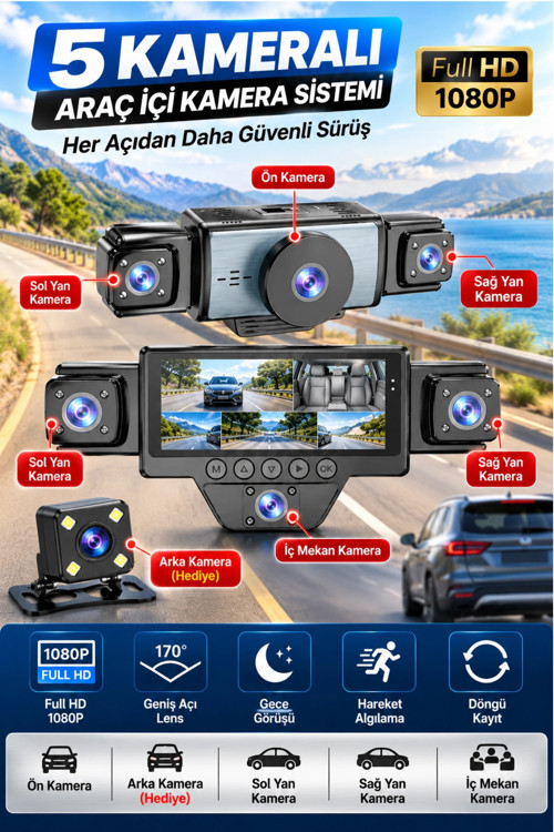Seyu N89 5 Kameralı WiFi Full HD 1080P Araç İçi Kamera Geniş Açı G-Sensörlü 2 İnç
