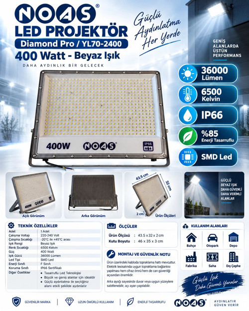 400w Beyaz 6500k SMD Dıamond Pro Led Projektör IP66 36000lm (400 Watt 220 Volt)