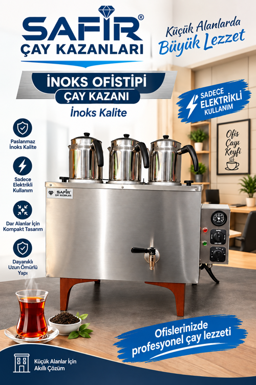 SAFİR 3 DEMLİKLİ TAM OTOMATİK OFİSTİPİ İNOKS ÇAY KAZANI SADECE ELEKTRİKLİ BÜROTİPİ İNOX ÇAY MAKİNESİ İNOX ÇAY KAZANI