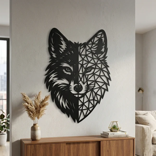 Geometrik Kurt Duvar Tablosu MDF Lazer Kesim Modern Duvar Süsü Minimal Hayvan Figürlü Dekor