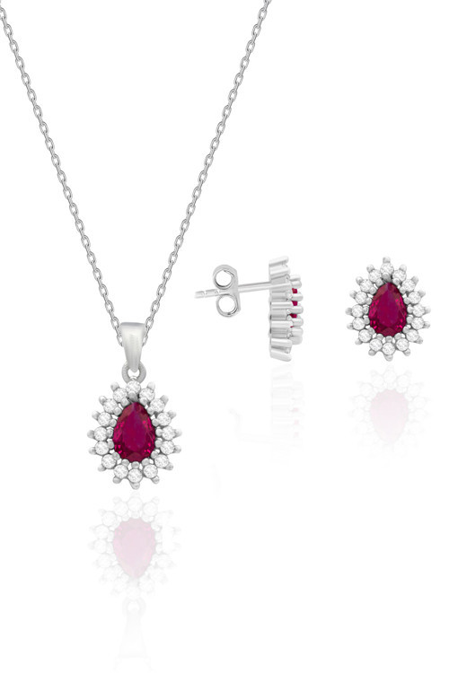 Kadın Gümüş Set Kök Yakut Taşlı Kolye Küpe İkili Set 925 Ayar ST122