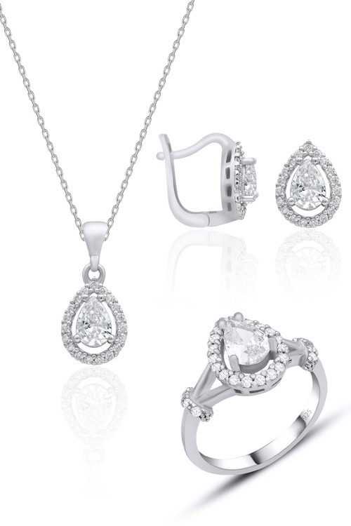 Kadın Gümüş Set Damla Pırlanta Model Üçlü Set 925 Ayar ST146