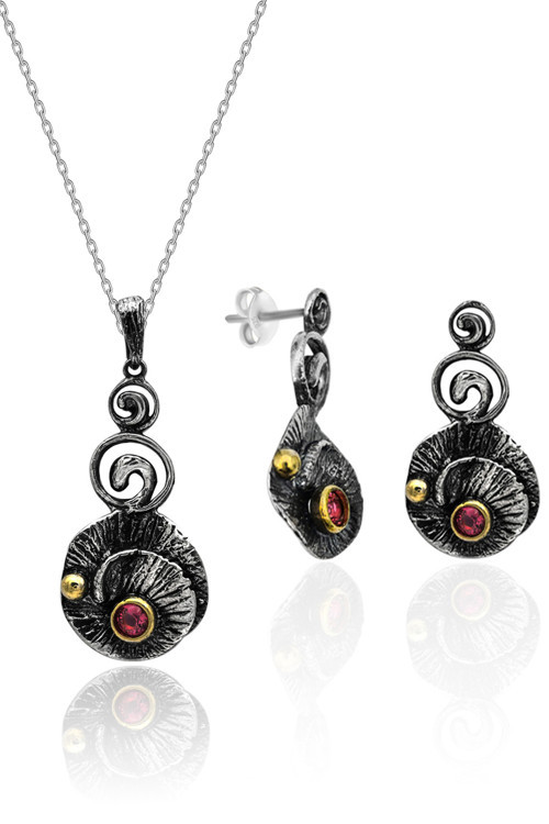 Otantik Gümüş Set El İşi Oksitli Yakut Taşlı İkili Set 925 Ayar ST136
