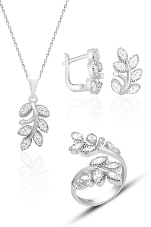 Kadın Gümüş Set Yaprak Modeli 925 Ayar Gümüş Üçlü Set ST132