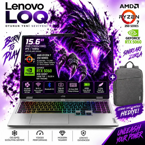 Loq 15AHP10 Aı Amd Ryzen7 250 32GB Ram Ddr5 1tb SSD RTX5060 8gddr7 15.6 Fhd 144Hz Windows 11 Pro 83JG006FTR Taşınabilir
