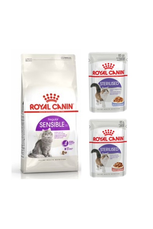 Sensible 33 Sindirim Hassasiyeti Kedi Kuru Mama 2 Kg + 2 Adet Sterilised Kısır Kedi Yaş Maması 85 gr
