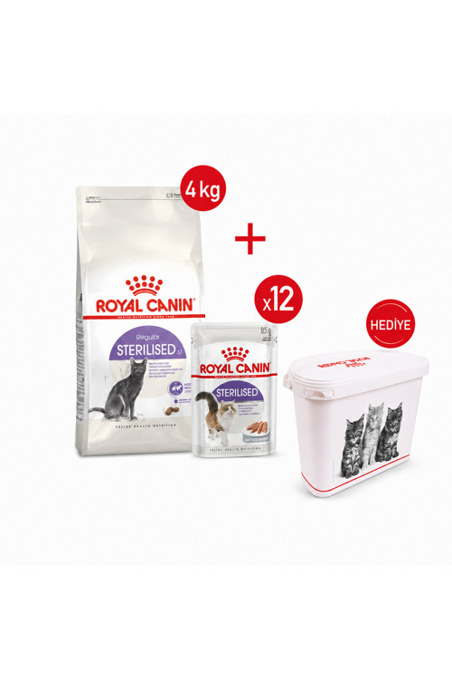 Sterilised37 - Kuru Kedi Maması 4 kg + Yaş Mama 12x85 gr + Saklama Kabı
