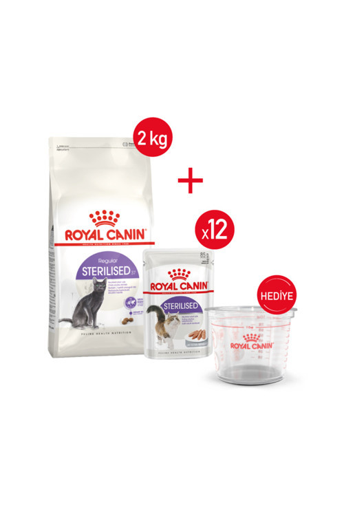 Sterilised37 - Kuru Kedi Maması 2 kg + Yaş Mama 12x85 gr + Ölçü kabı