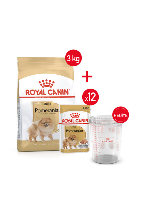 Pomeranian- Kuru Köpek Maması 3kg+Yaş Mama 12*85+ Ölçü Kabı