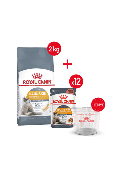 Hair&Skin - Kuru Kedi Maması 2 kg + Yaş Mama 12x85 gr + Ölçü Kabı