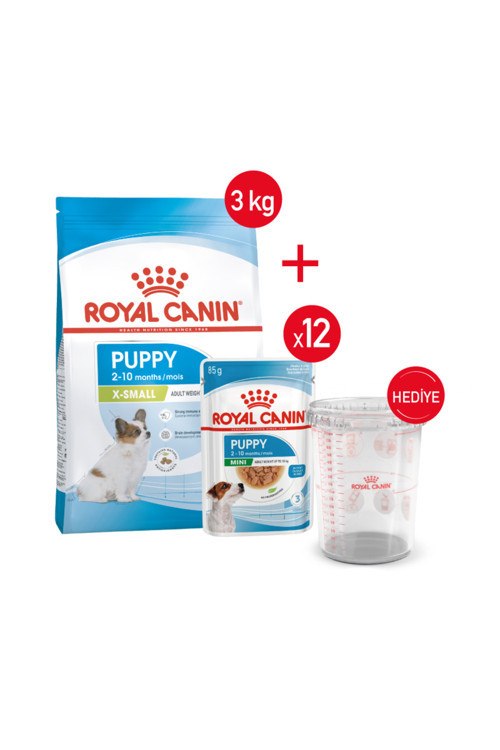 Xsmall Puppy -Yavru Kuru Köpek Maması 3kg +Yaş Mama 12*85 + Ölçü Kabı