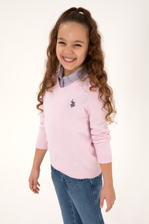 Kız Çocuk Pembe V Yaka Basic Kazak 50294198-VR041