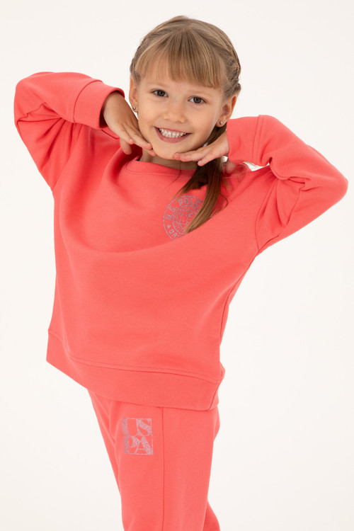 Kız Çocuk Nar Çiçeği Bisiklet Yaka Basic Sweatshirt 50296391-VR239