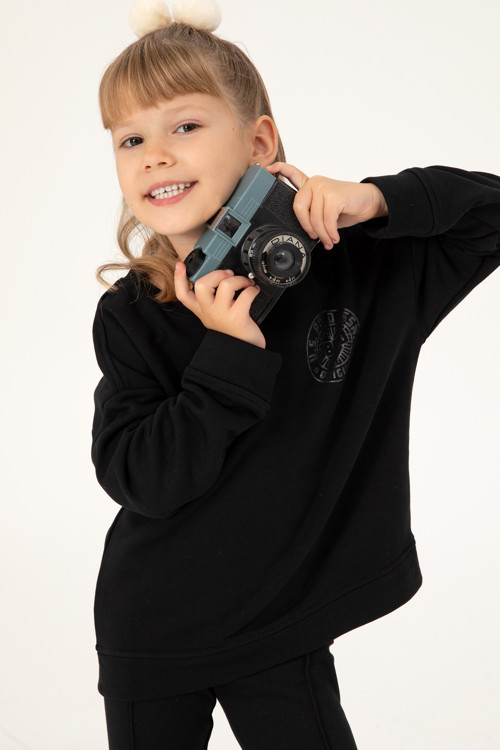 Kız Çocuk Siyah Bisiklet Yaka Basic Sweatshirt 50296391-VR046