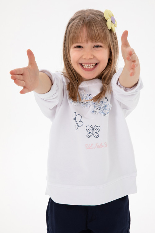 Kız Çocuk Beyaz Bisiklet Yaka Sweatshirt 50298202-VR013
