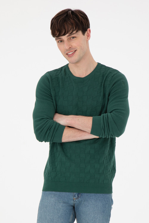 Erkek Slim Fit Bisiklet Yaka Koyu Yeşil Basic Kazak 50288882-VR079