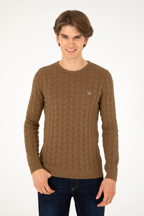 Erkek Slim Fit Bisiklet Yaka Haki Melanj Basic Kazak 50288883-VR125