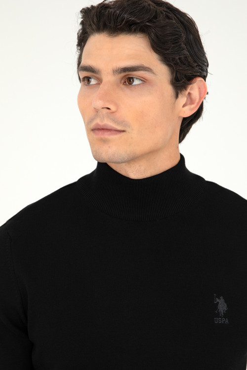Erkek Slim Fit Yarım Boğazlı Siyah Basic Kazak 50288887-VR046