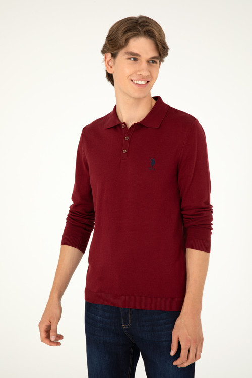 Erkek Slim Fit Polo Yaka Bordo Basic Kazak 50292434-VR014