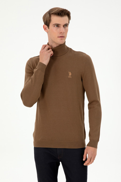 Erkek Slim Fit Boğazlı Yaka Haki Melanj Basic Kazak 50288884-VR125