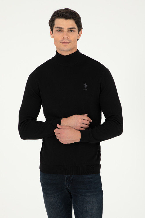 Erkek Slim Fit Yarım Boğazlı Siyah Basic Kazak 50288887-VR046