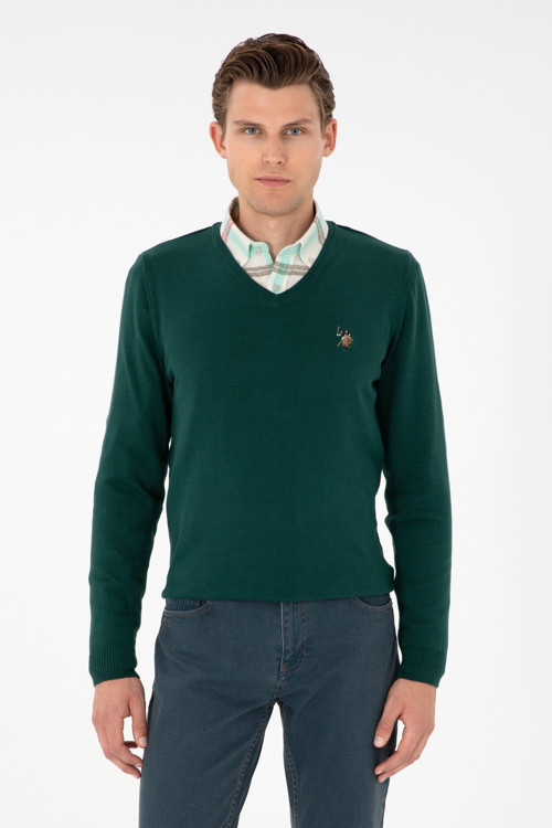 Erkek Slim Fit V Yaka Yeşil Basic Kazak 50288885-VR054