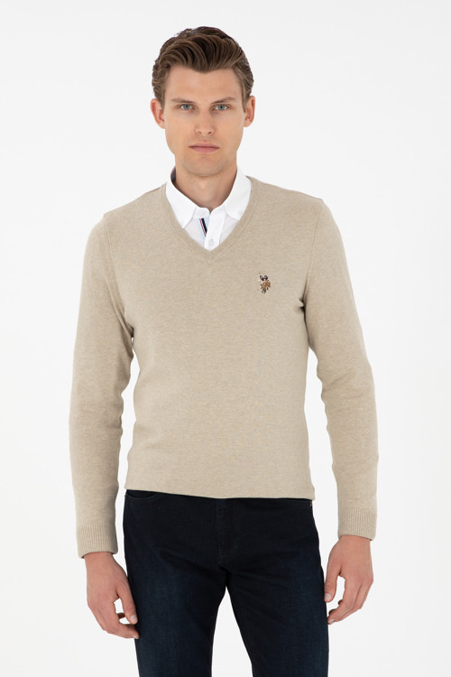 Erkek Slim Fit V Yaka Haki Melanj Basic Kazak 50288885-VR193