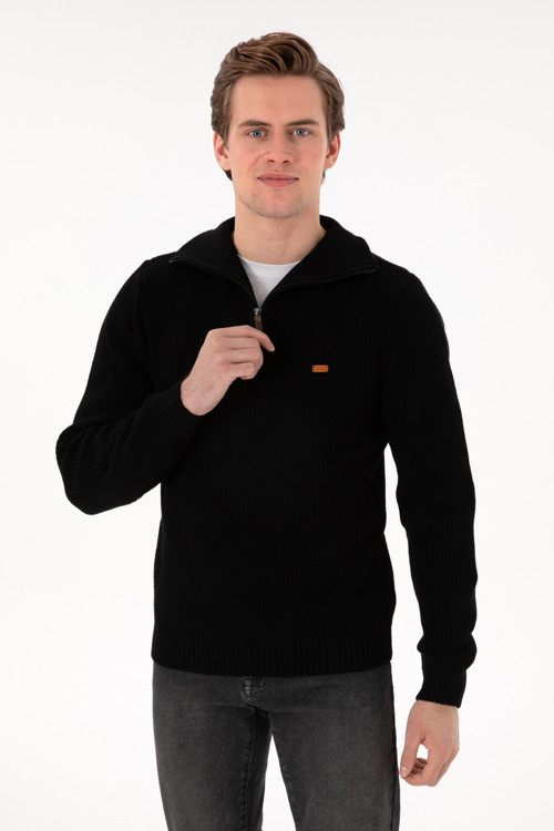 Erkek Regular Fit Yarım Fermuarlı Siyah Kazak 50297047-VR046