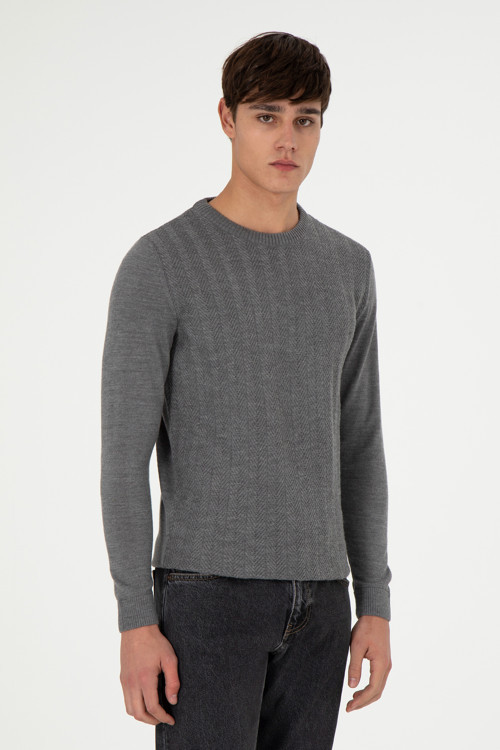 Erkek Slim Fit Bisiklet Yaka Gri Melanj Kazak 50292865-VR086