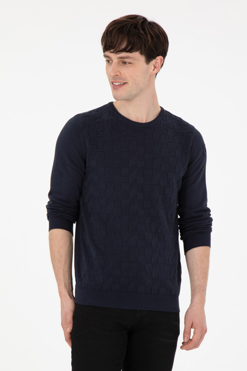 Erkek Slim Fit Bisiklet Yaka Lacivert Basic Kazak 50288882-VR033