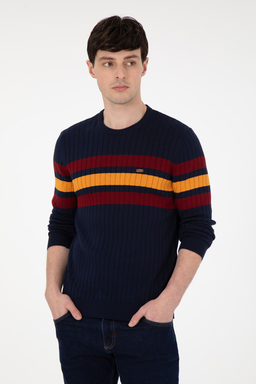 Erkek Slim Fit Bisiklet Yaka Lacivert Kazak 50297046-VR033