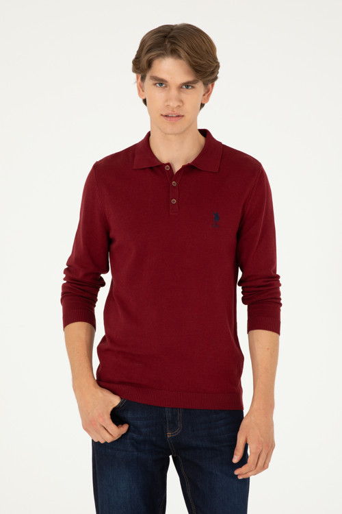 Erkek Slim Fit Polo Yaka Bordo Basic Kazak 50292434-VR014