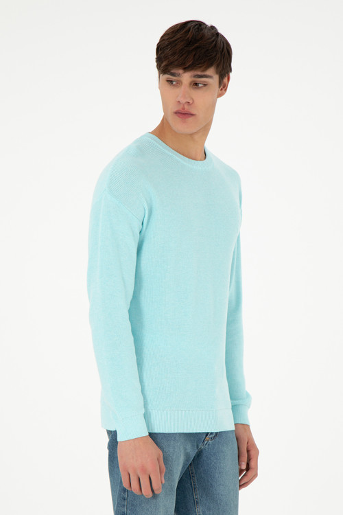 Erkek Regular Fit Bisiklet Yaka Açık Mavi Melanj Basic Kazak 50298267-VR112