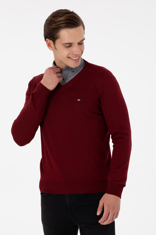 Erkek Slim Fit V Yaka Bordo Basic Kazak 50298283-VR014