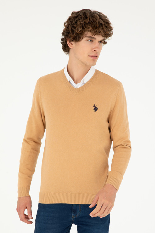 Erkek Slim Fit V Yaka Camel Melanj Basic Kazak 50293512-VR122