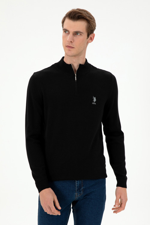 Erkek Slim Fit Yarım Fermuarlı Siyah Kazak 50293398-VR046