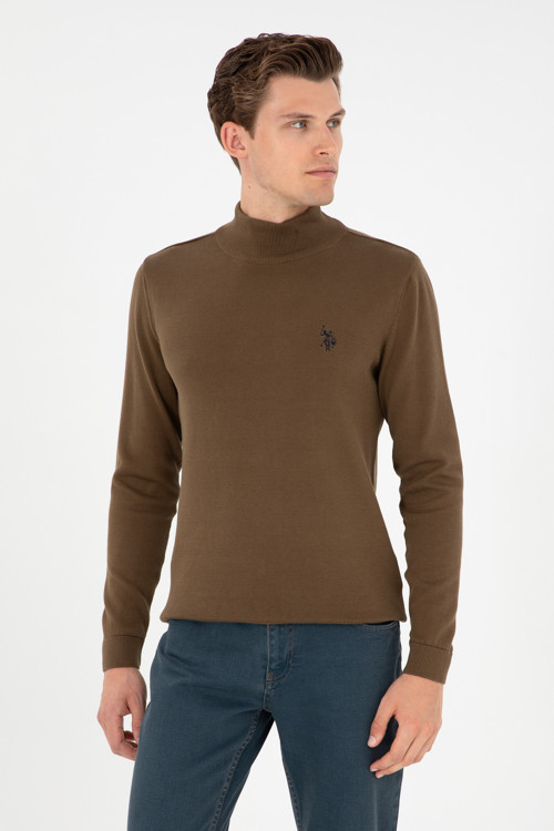 Erkek Slim Fit Yarım Boğazlı Haki Basic Kazak 50293499-VR027