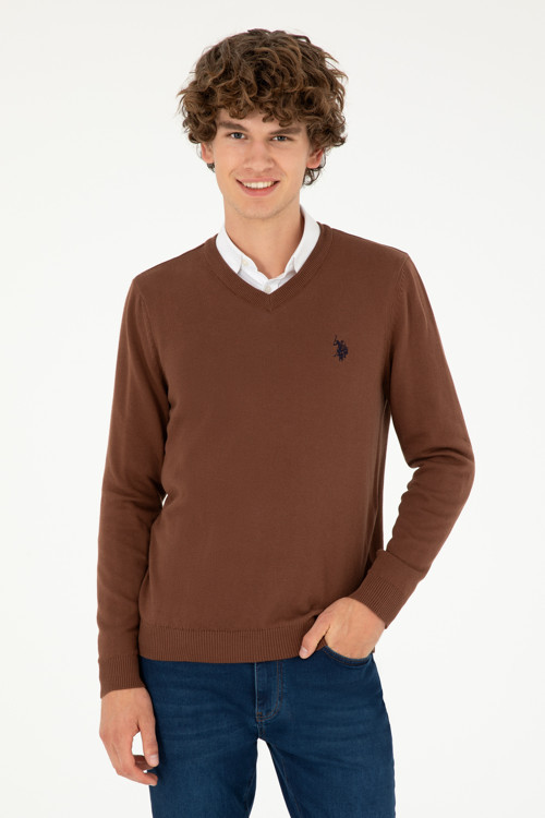 Erkek Slim Fit V Yaka Kahverengi Basic Kazak 50293512-VR158