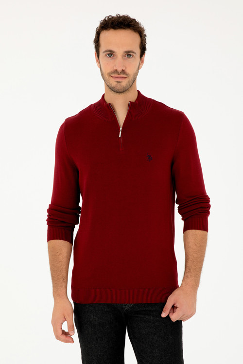 Erkek Slim Fit Yarım Fermuarlı Bordo Basic Kazak 50293517-VR014