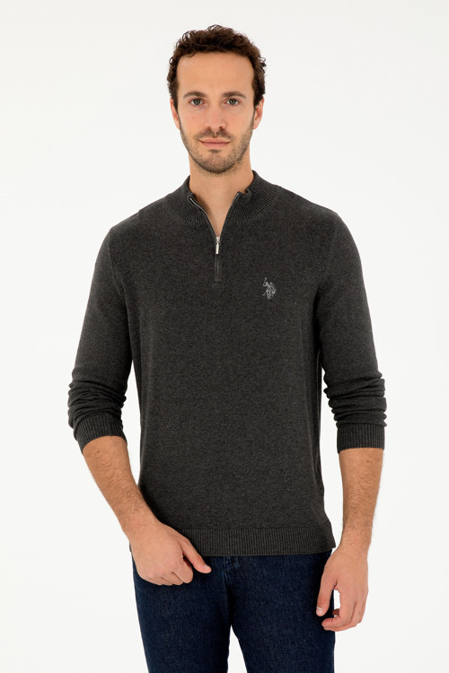 Erkek Slim Fit Yarım Fermuarlı Antrasit Melanj Basic Kazak 50293517-VR081