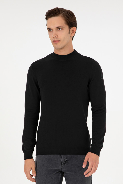 Erkek Slim Fit Çeyrek Balıkçı Yaka Siyah Basic Triko Kazak 50298201-VR046